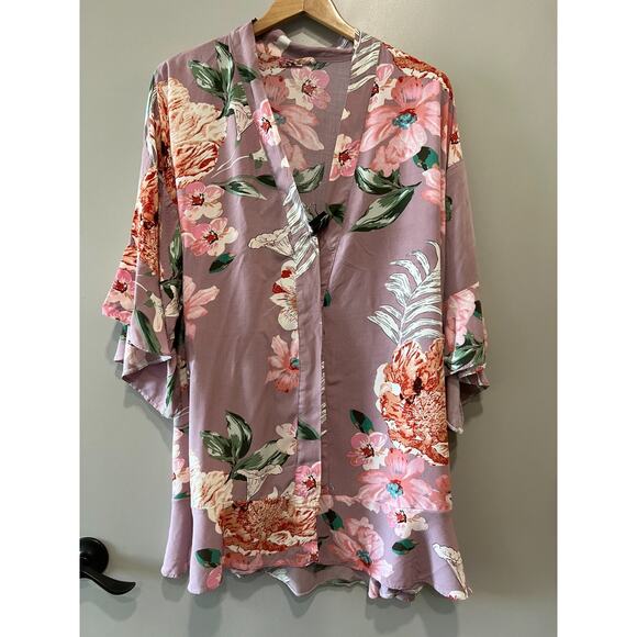 Women's oriental Floral Print ruffle Kimono swim Cover Up Blouse Top S-XL - Picture 1 of 8